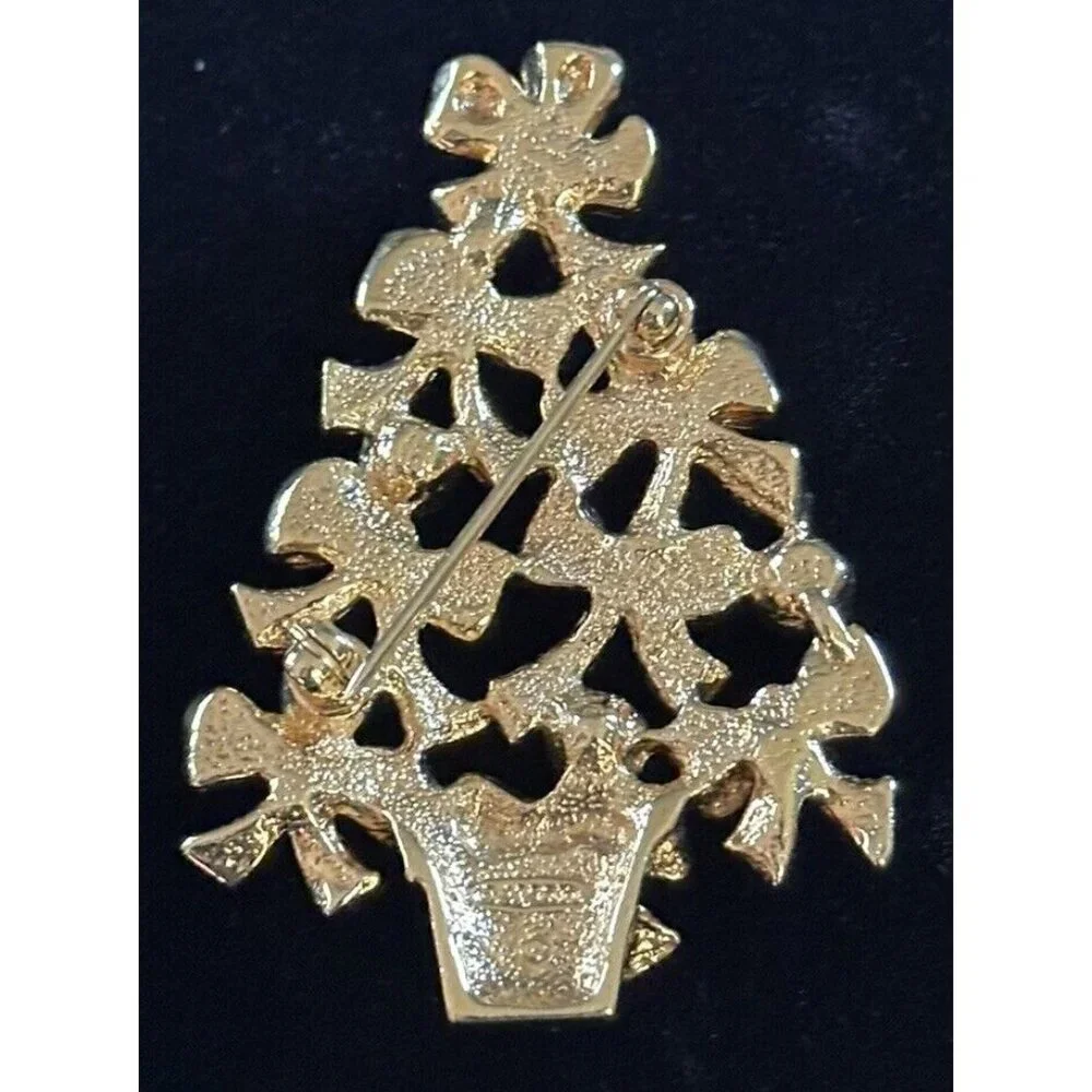 Vintage AVON  Gold Tone-Bows‎ Aurora Borealis Christmas Tree Brooch  1992